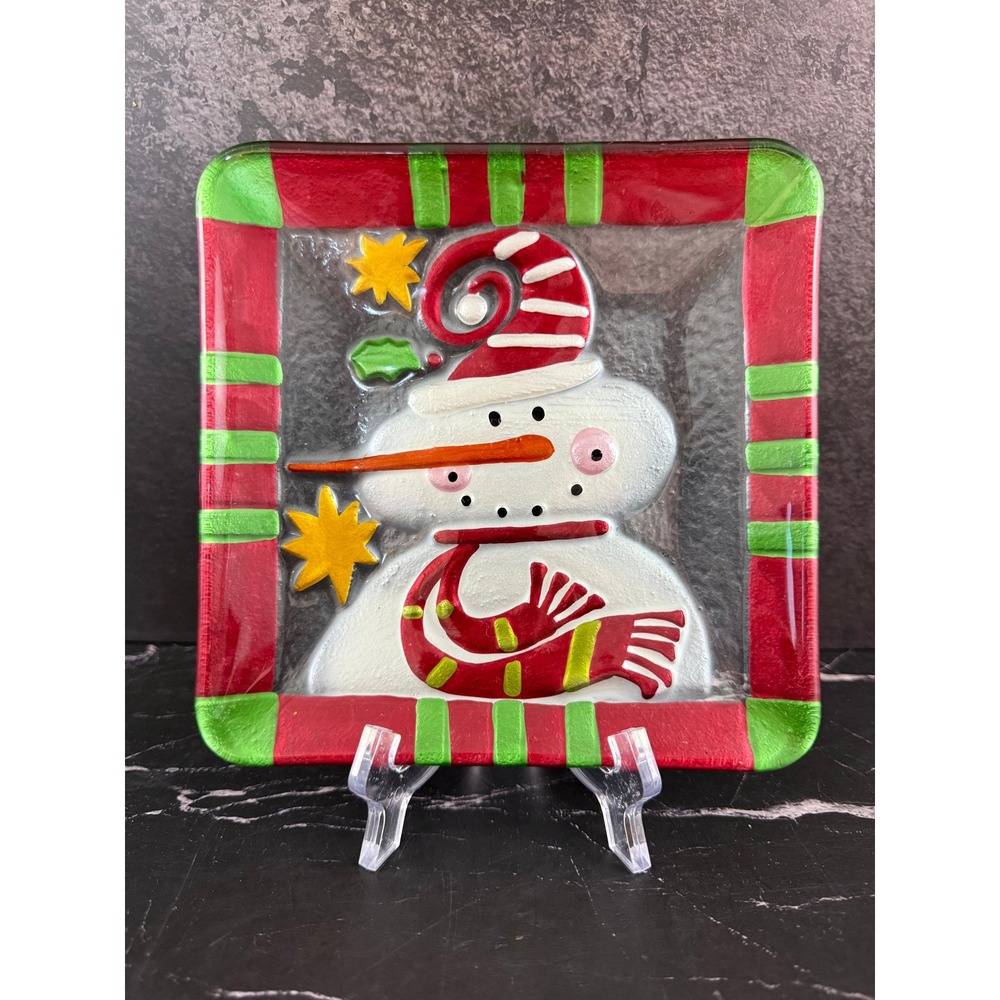 VTG Pier 1 Imports Jolly Holiday Art Glass Christmas Snowman 7in Square Plate